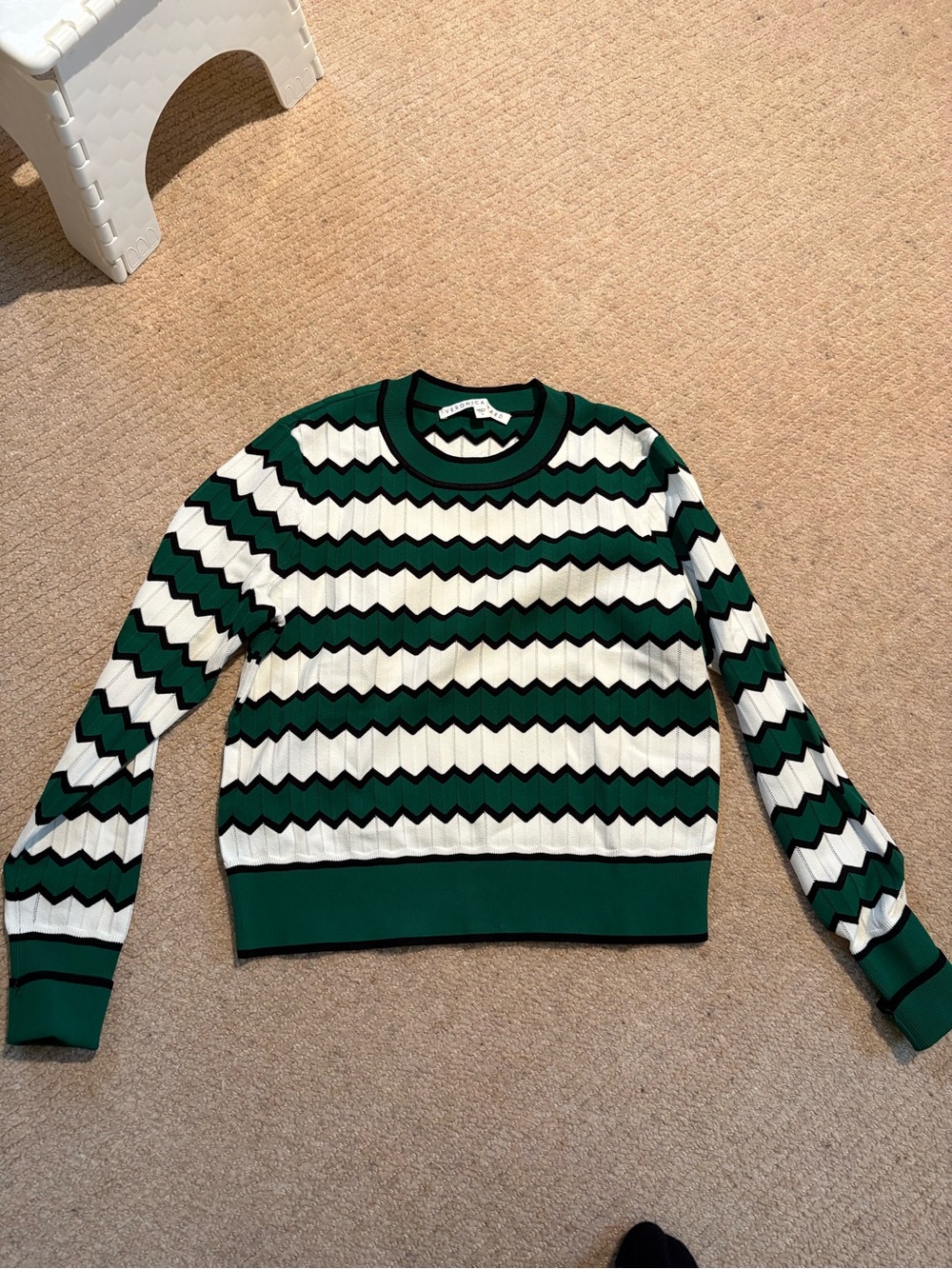 Veronica Beard Green and White Chevron Crewneck Sweater